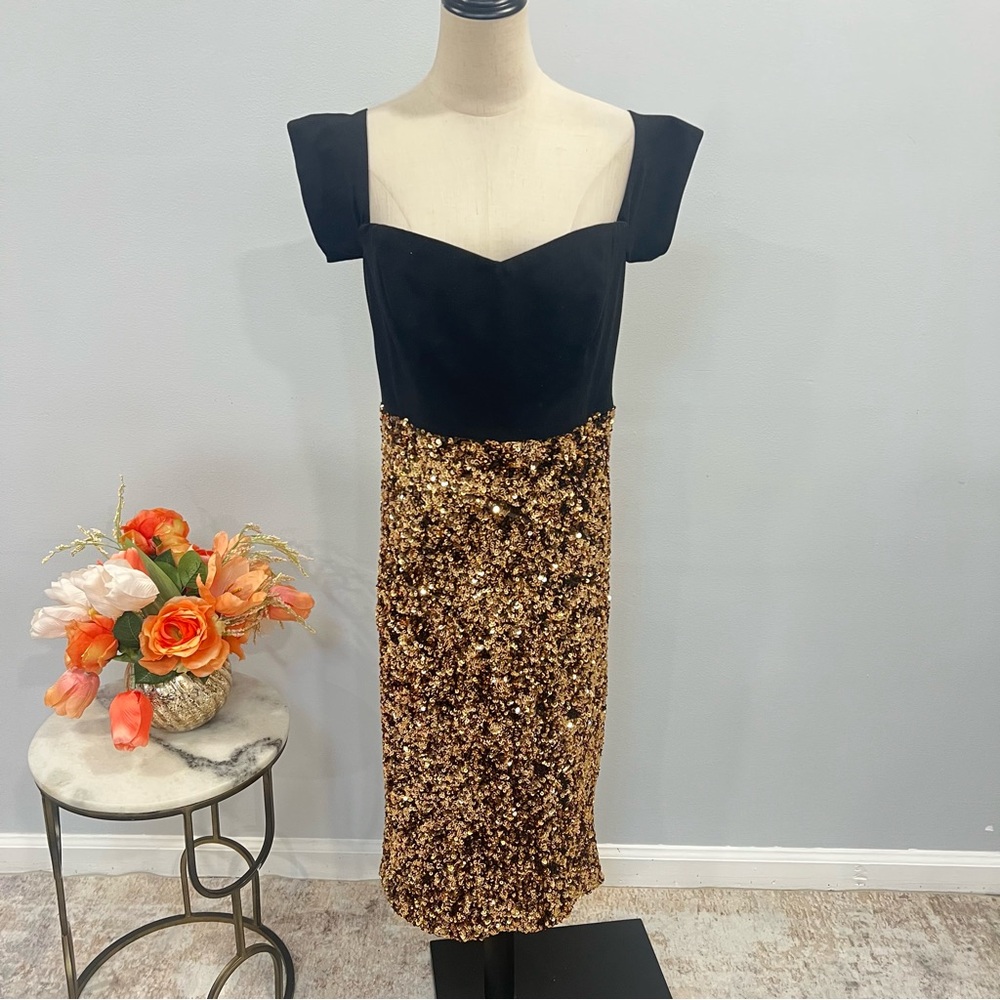 Dress the Population Gold & Black Bailey Off The Shoulder & Sequin Sheath Dress